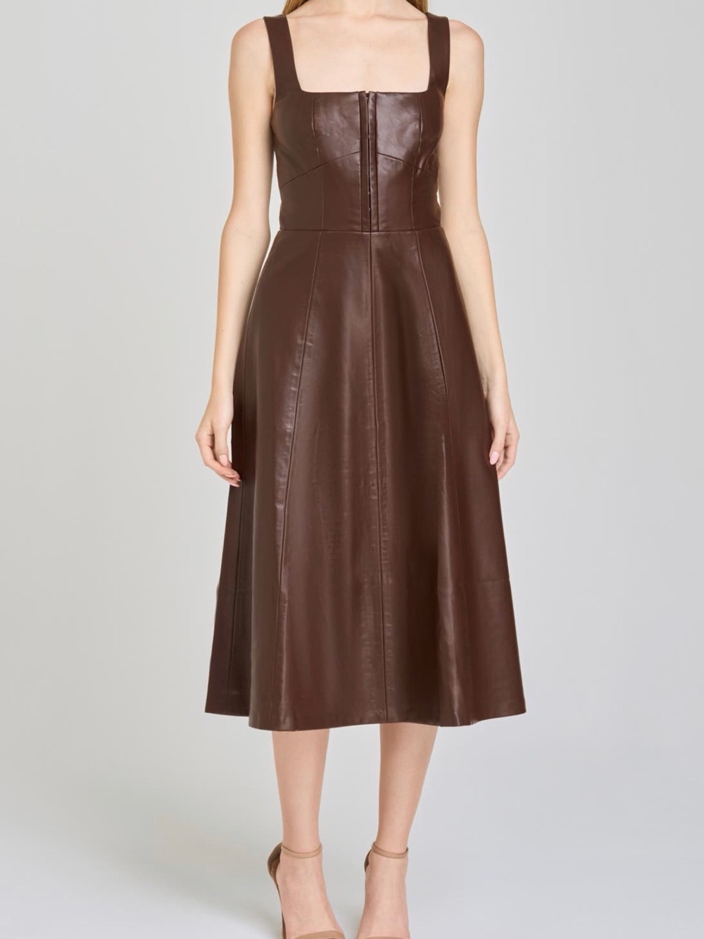 WAYF Square-Neck Faux Leather Midi Dress in Brown